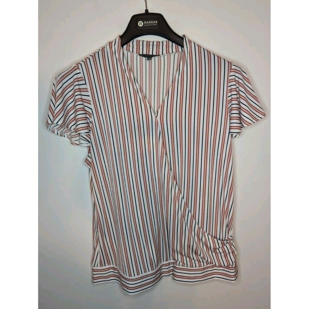 Adrianna Papell Women Top Red White  Stripe V Neck Faux Wrap Sleeveless SZ Large